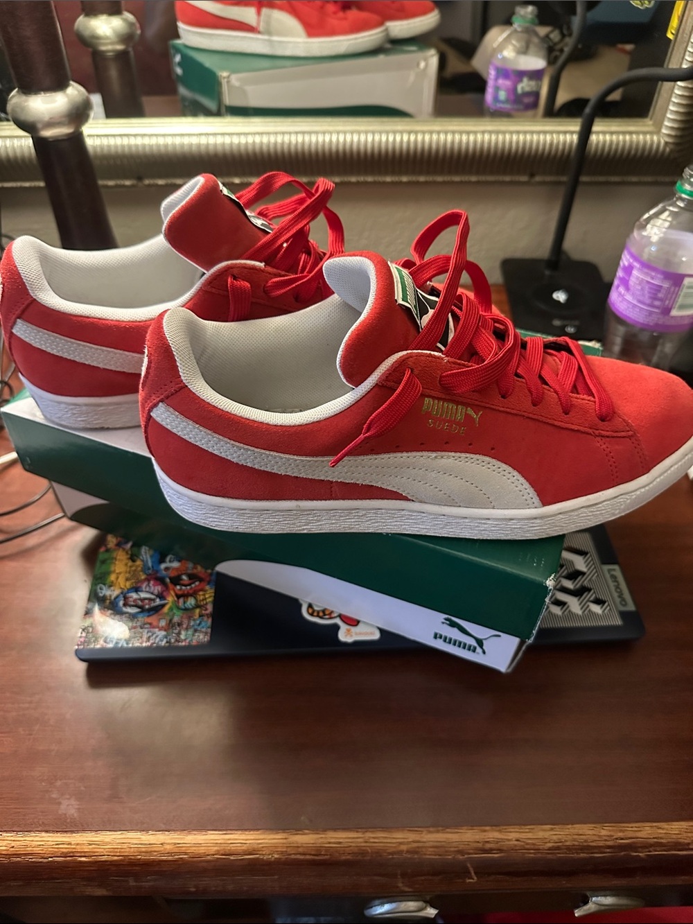 Puma Red and White Suede Low-Top Sneakers